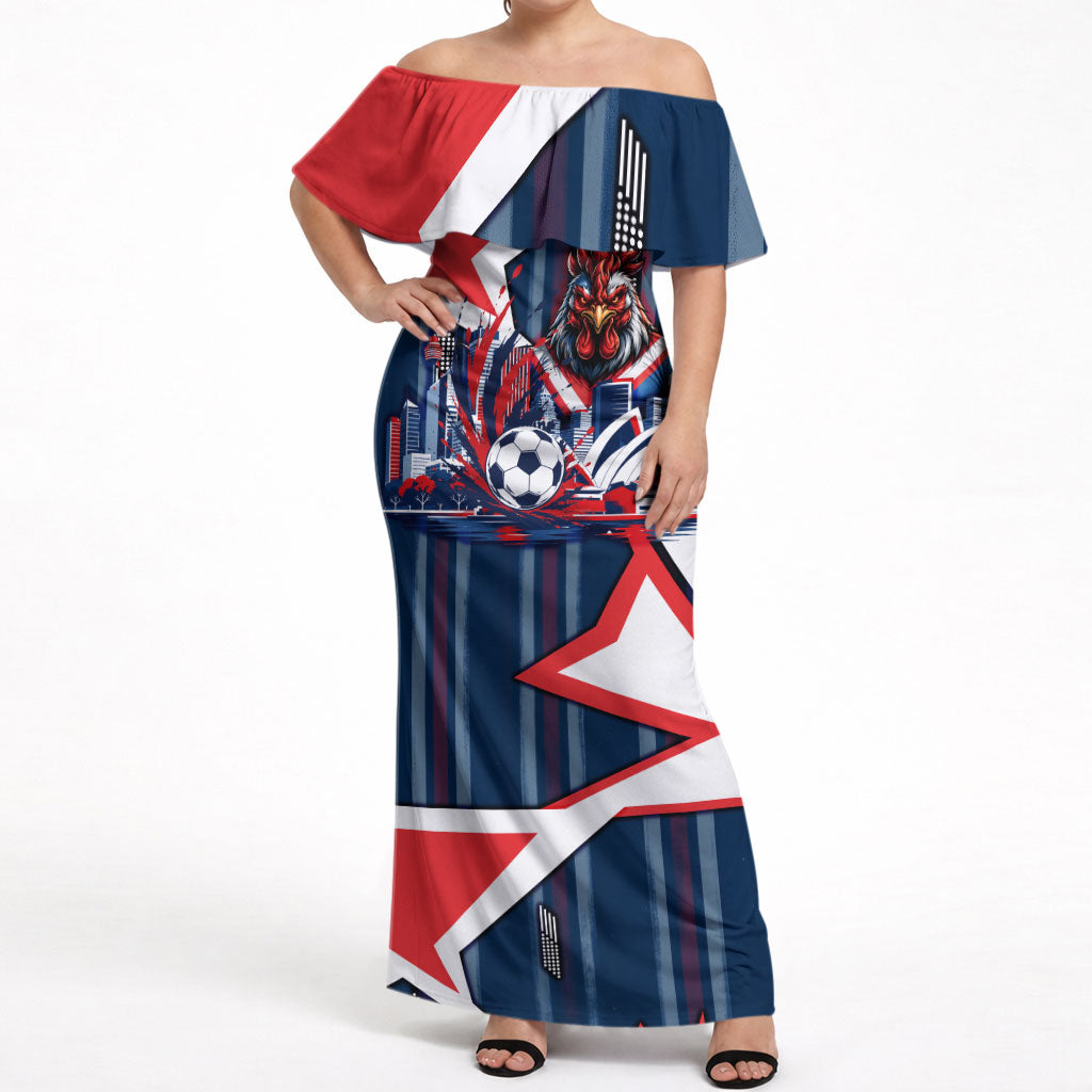 Personalised Sydney Roosters City Of Rugby Off Shoulder Maxi Dress Sydney City Skyline Illustration Dynamic Sport Fan