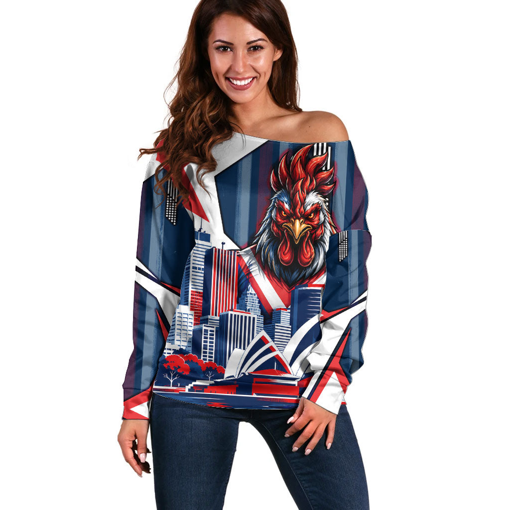 Personalised Sydney Roosters City Of Rugby Off Shoulder Sweater Sydney City Skyline Illustration Dynamic Sport Fan