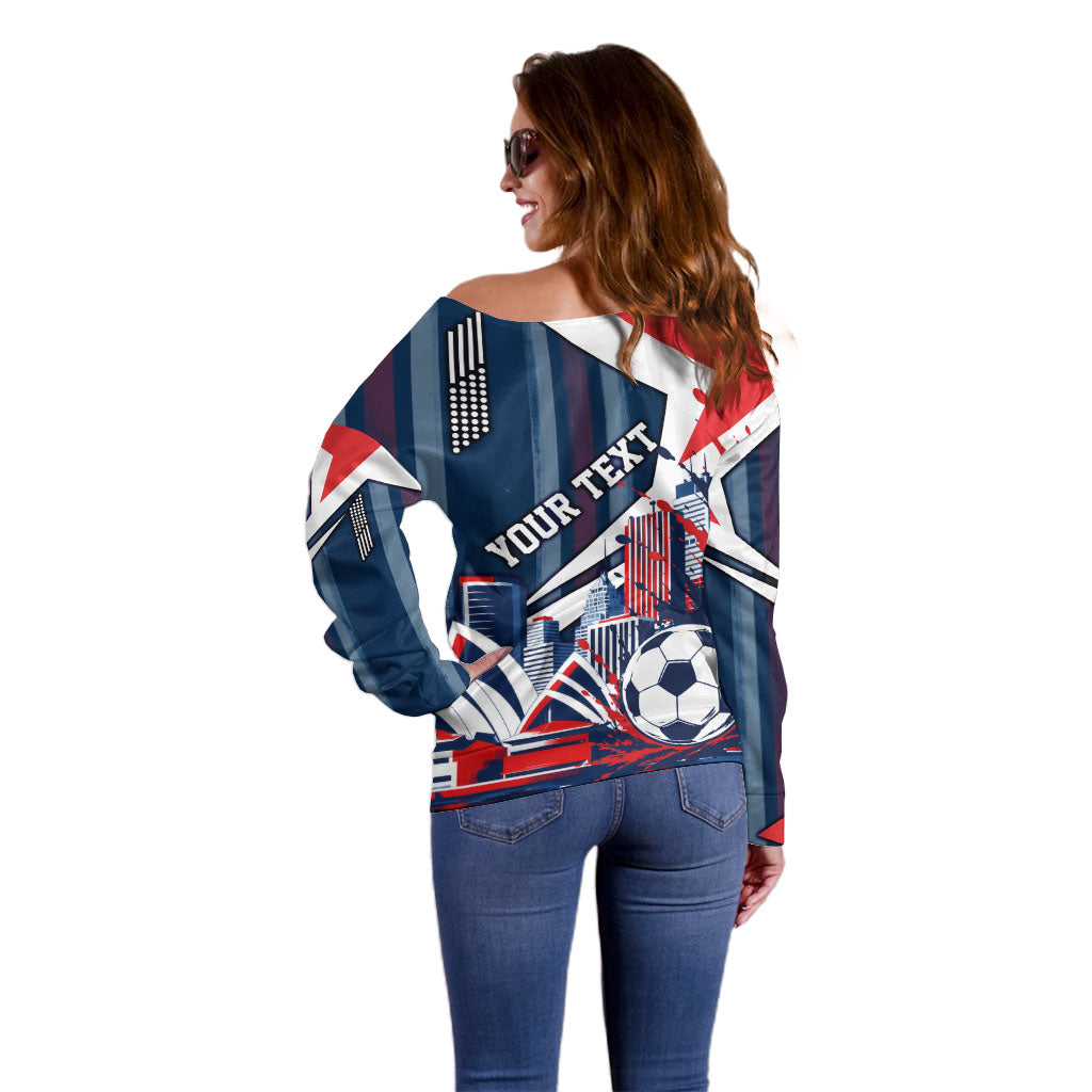 Personalised Sydney Roosters City Of Rugby Off Shoulder Sweater Sydney City Skyline Illustration Dynamic Sport Fan