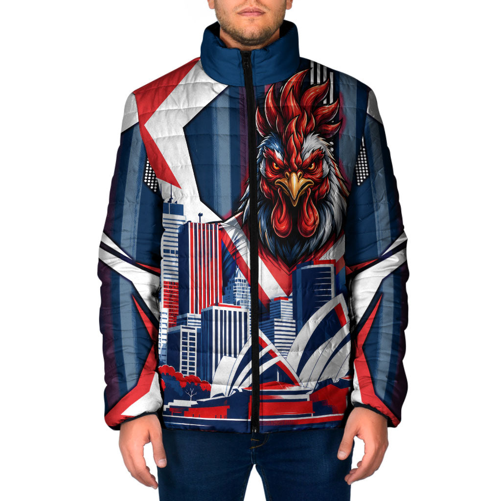 Personalised Sydney Roosters City Of Rugby Padded Jacket Sydney City Skyline Illustration Dynamic Sport Fan