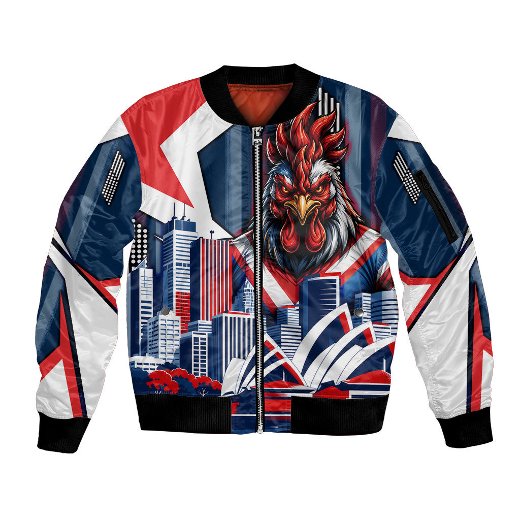 Personalised Sydney Roosters City Of Rugby Sleeve Zip Bomber Jacket Sydney City Skyline Illustration Dynamic Sport Fan