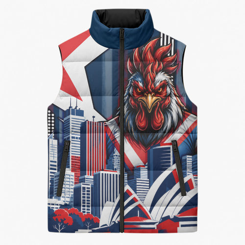 Personalised Sydney Roosters City Of Rugby Sleeveless Puffer Jacket Sydney City Skyline Illustration Dynamic Sport Fan