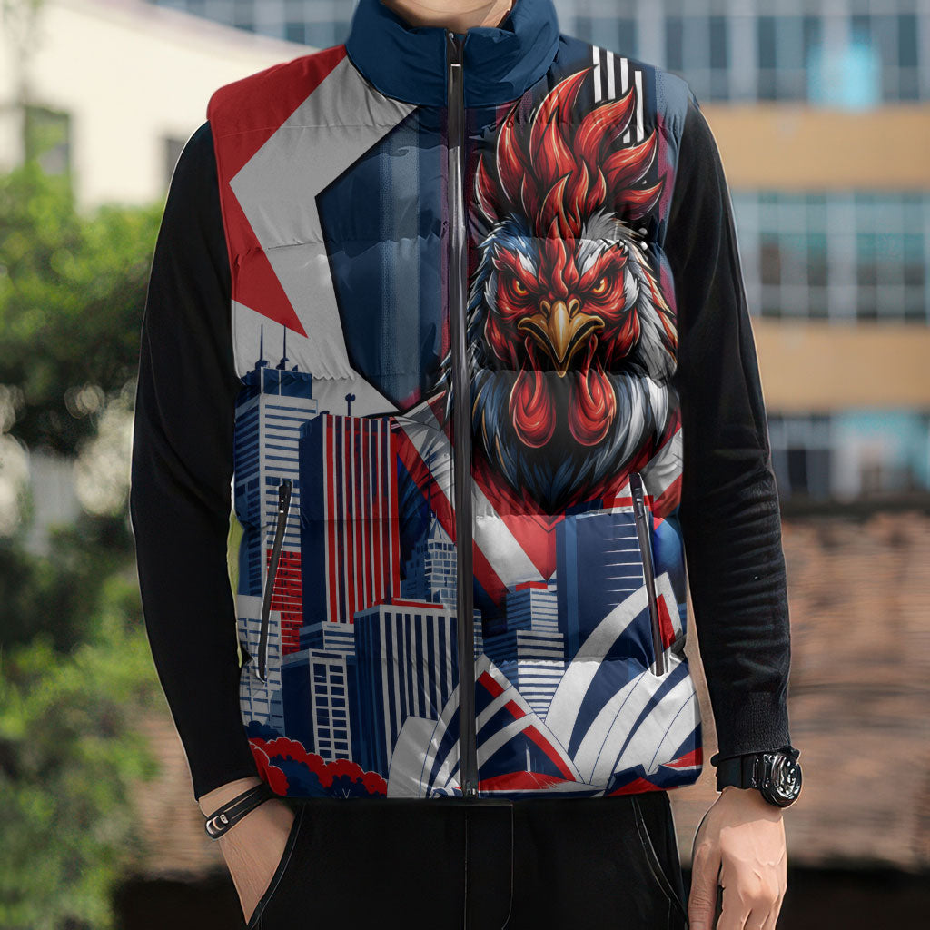 Personalised Sydney Roosters City Of Rugby Sleeveless Puffer Jacket Sydney City Skyline Illustration Dynamic Sport Fan