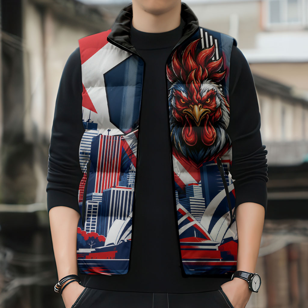 Personalised Sydney Roosters City Of Rugby Sleeveless Puffer Jacket Sydney City Skyline Illustration Dynamic Sport Fan