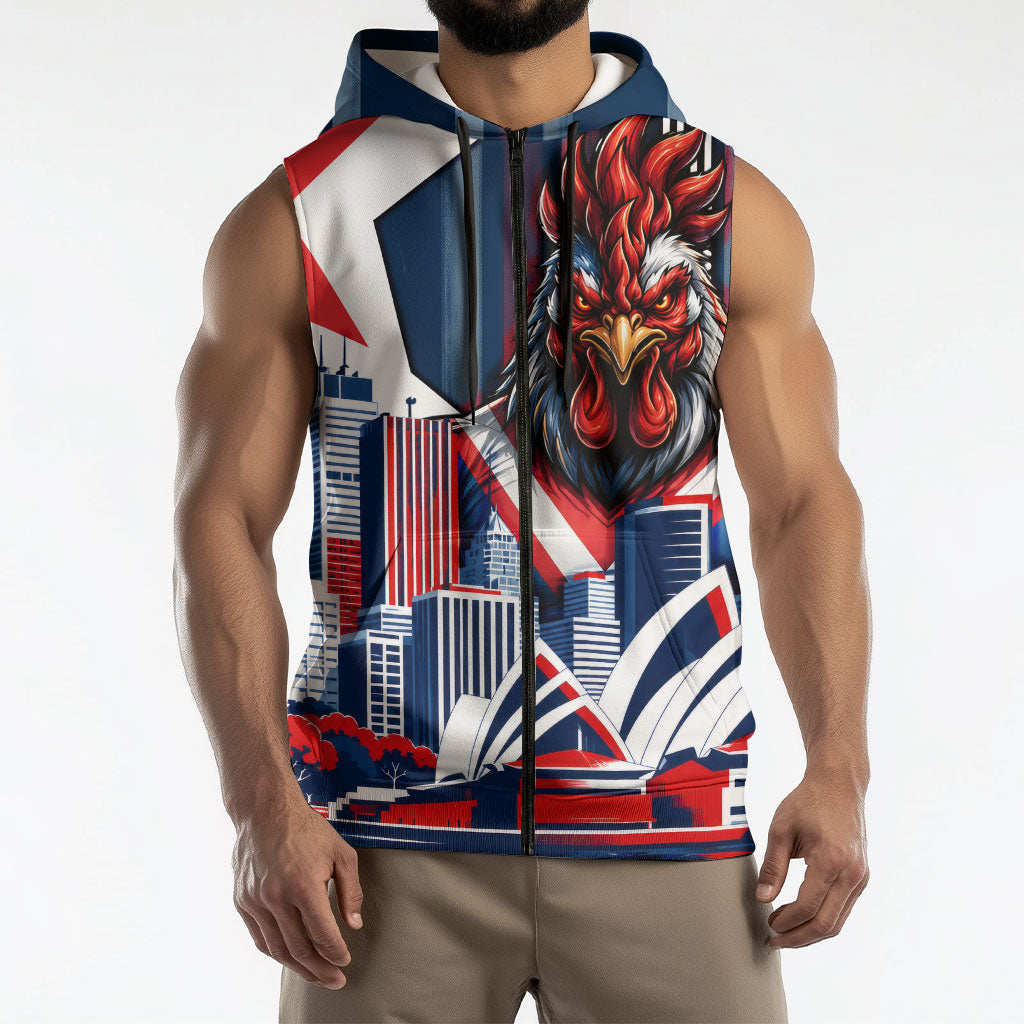 Personalised Sydney Roosters City Of Rugby Sleeveless Zip Hoodie Sydney City Skyline Illustration Dynamic Sport Fan