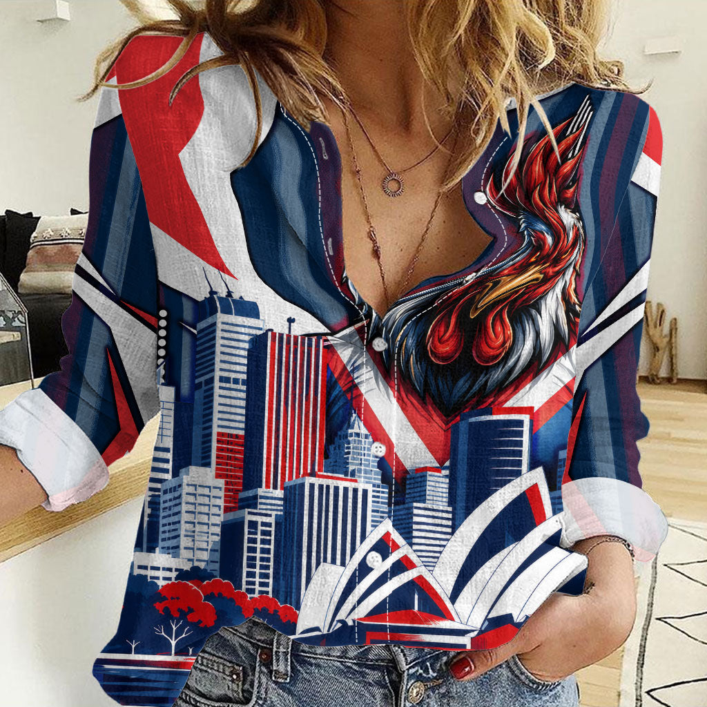 Personalised Sydney Roosters City Of Rugby Women Casual Shirt Sydney City Skyline Illustration Dynamic Sport Fan