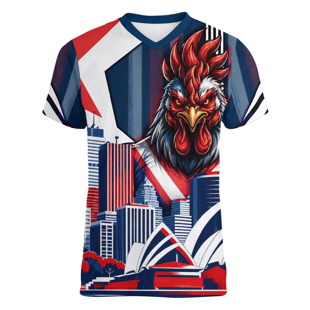 Personalised Sydney Roosters City Of Rugby Women V-Neck T-Shirt Sydney City Skyline Illustration Dynamic Sport Fan