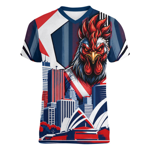 Personalised Sydney Roosters City Of Rugby Women V-Neck T-Shirt Sydney City Skyline Illustration Dynamic Sport Fan