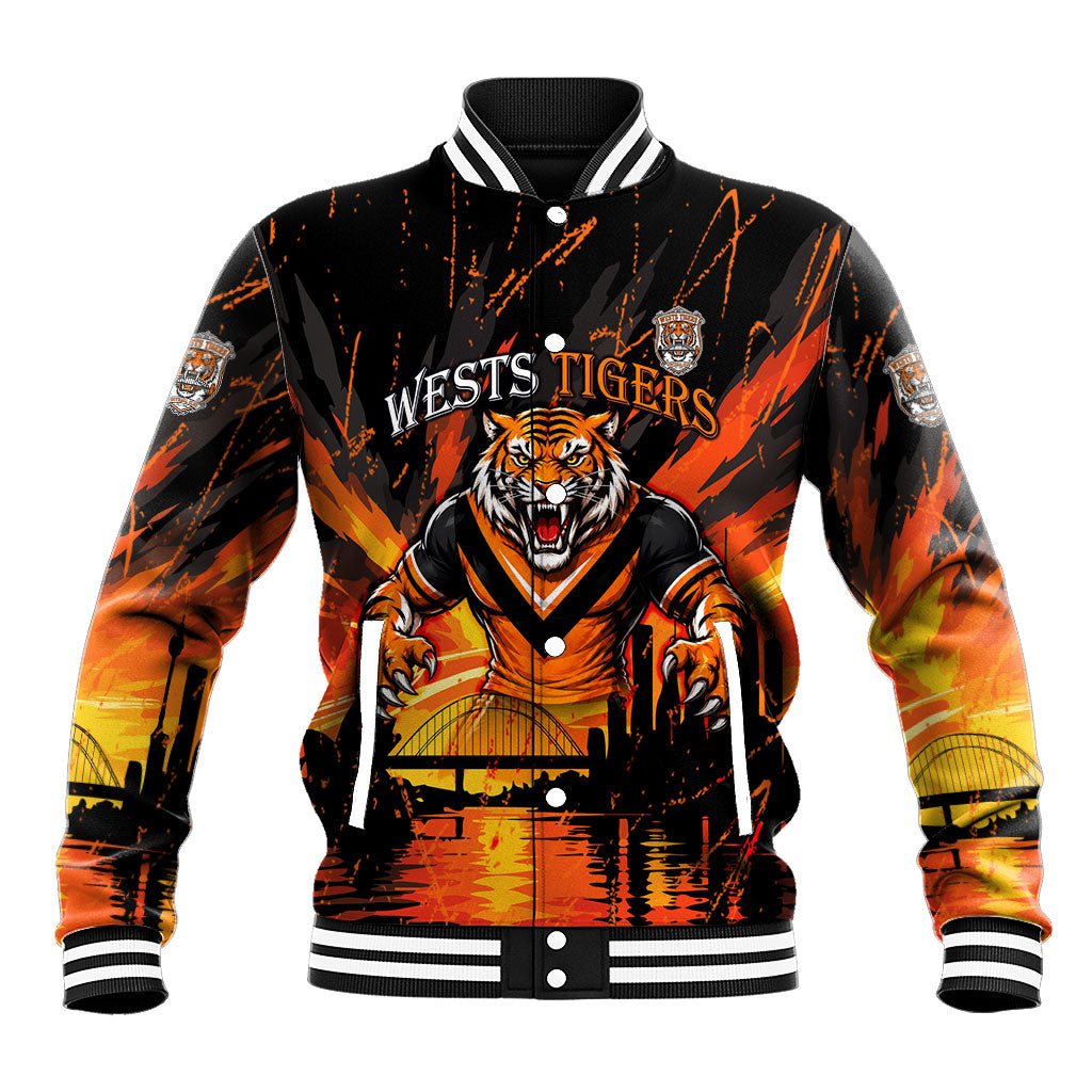 Personalised Wests Tigers City Of Rugby Baseball Jacket Sydney City Skyline Illustration Sport Fan