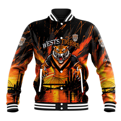 Personalised Wests Tigers City Of Rugby Baseball Jacket Sydney City Skyline Illustration Sport Fan