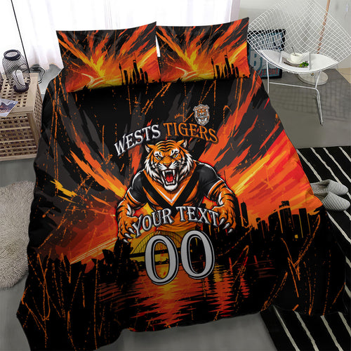 Personalised Wests Tigers City Of Rugby Bedding Set Sydney City Skyline Illustration Sport Fan