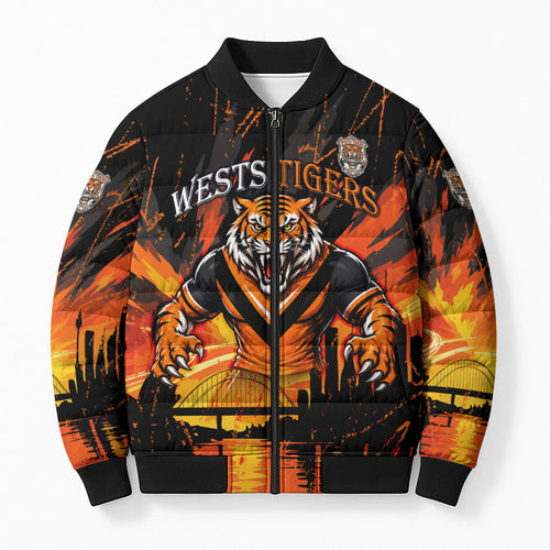 Personalised Wests Tigers City Of Rugby Bomber Puffer Jacket Sydney City Skyline Illustration Sport Fan