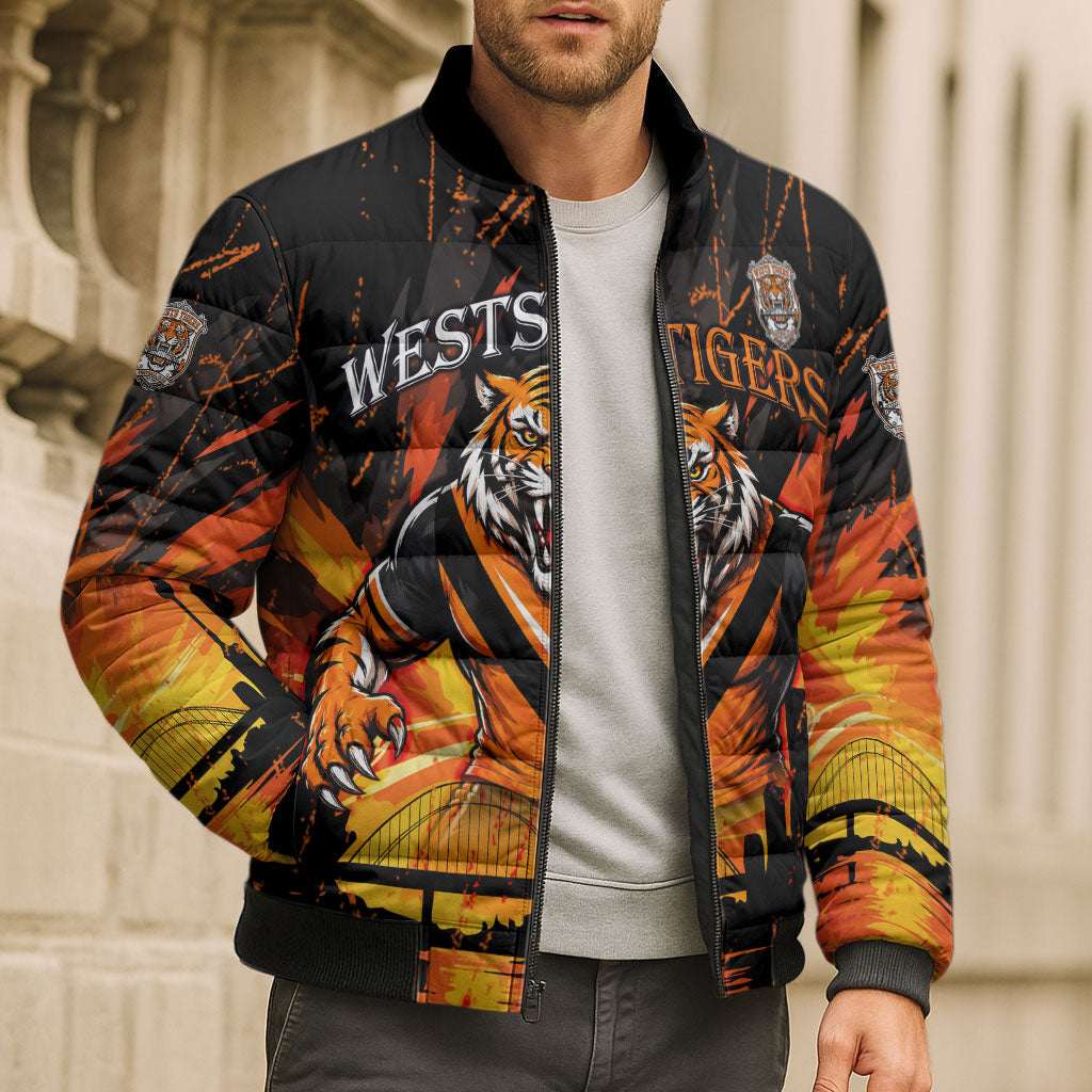 Personalised Wests Tigers City Of Rugby Bomber Puffer Jacket Sydney City Skyline Illustration Sport Fan