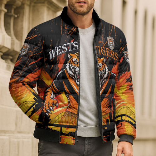 Personalised Wests Tigers City Of Rugby Bomber Puffer Jacket Sydney City Skyline Illustration Sport Fan