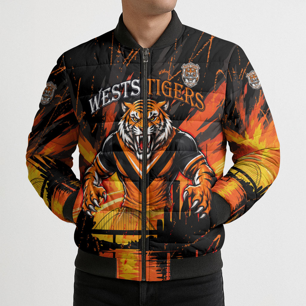 Personalised Wests Tigers City Of Rugby Bomber Puffer Jacket Sydney City Skyline Illustration Sport Fan