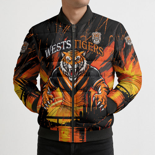 Personalised Wests Tigers City Of Rugby Bomber Puffer Jacket Sydney City Skyline Illustration Sport Fan