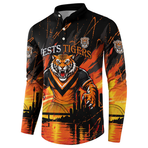 Personalised Wests Tigers City Of Rugby Button Sweatshirt Sydney City Skyline Illustration Sport Fan