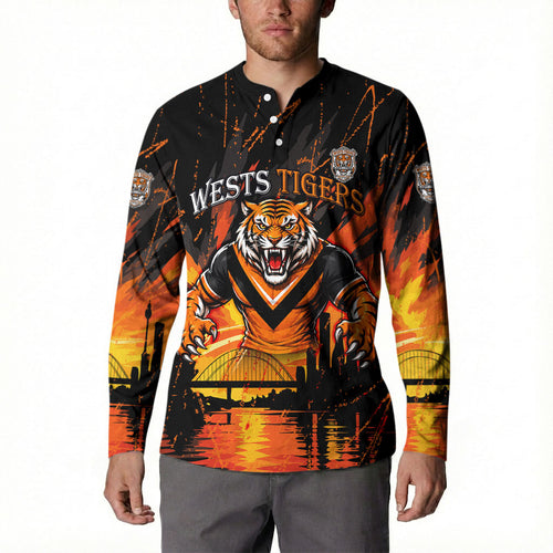 Personalised Wests Tigers City Of Rugby Button Sweatshirt Sydney City Skyline Illustration Sport Fan