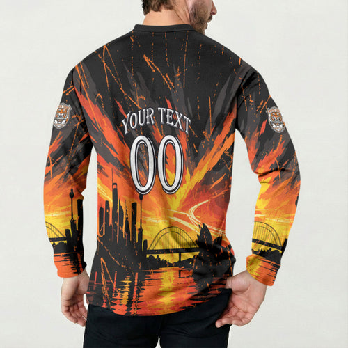 Personalised Wests Tigers City Of Rugby Button Sweatshirt Sydney City Skyline Illustration Sport Fan