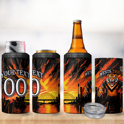 Personalised Wests Tigers City Of Rugby 4 in 1 Can Cooler Tumbler Sydney City Skyline Illustration Sport Fan