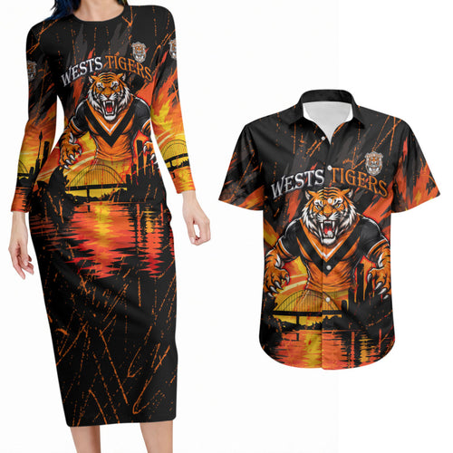 Personalised Wests Tigers City Of Rugby Couples Matching Long Sleeve Bodycon Dress and Hawaiian Shirt Sydney City Skyline Illustration Sport Fan