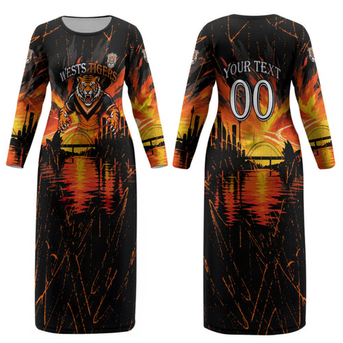 Personalised Wests Tigers City Of Rugby Couples Matching Long Sleeve Bodycon Dress and Hawaiian Shirt Sydney City Skyline Illustration Sport Fan