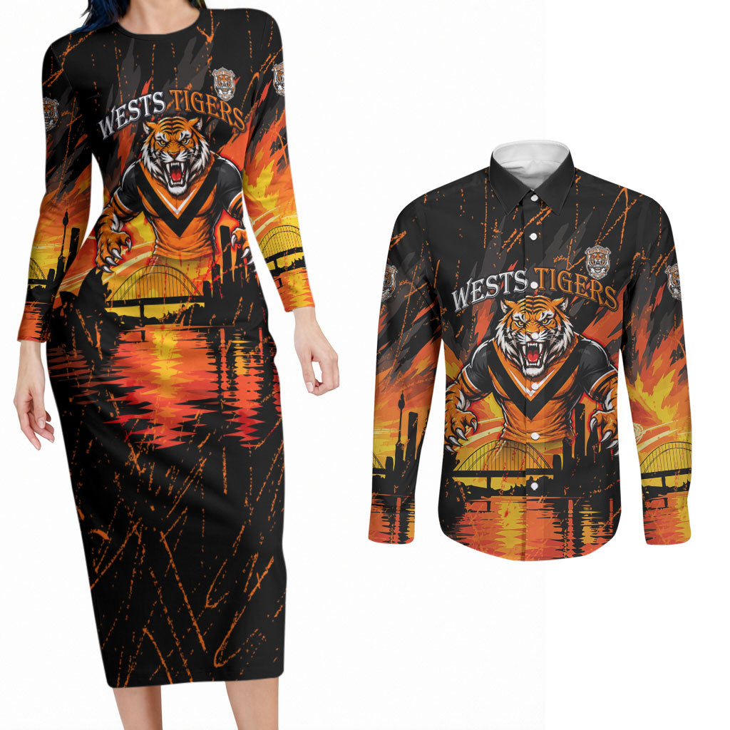 Personalised Wests Tigers City Of Rugby Couples Matching Long Sleeve Bodycon Dress and Long Sleeve Button Shirt Sydney City Skyline Illustration Sport Fan