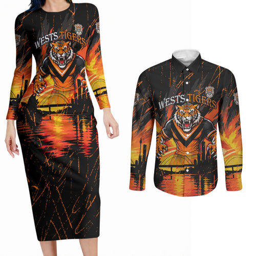 Personalised Wests Tigers City Of Rugby Couples Matching Long Sleeve Bodycon Dress and Long Sleeve Button Shirt Sydney City Skyline Illustration Sport Fan