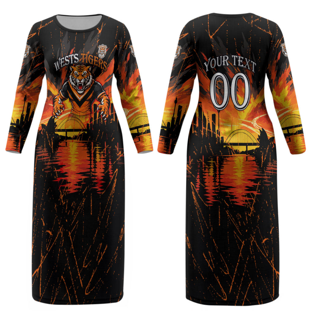 Personalised Wests Tigers City Of Rugby Couples Matching Long Sleeve Bodycon Dress and Long Sleeve Button Shirt Sydney City Skyline Illustration Sport Fan