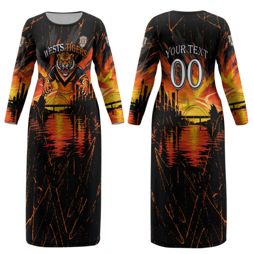 Personalised Wests Tigers City Of Rugby Couples Matching Long Sleeve Bodycon Dress and Long Sleeve Button Shirt Sydney City Skyline Illustration Sport Fan