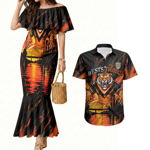 Personalised Wests Tigers City Of Rugby Couples Matching Mermaid Dress and Hawaiian Shirt Sydney City Skyline Illustration Sport Fan