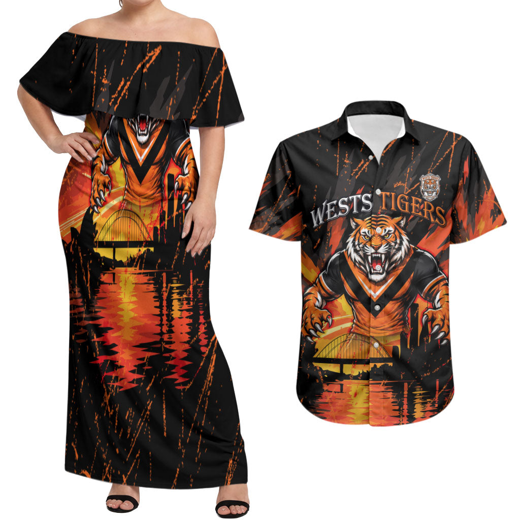 Personalised Wests Tigers City Of Rugby Couples Matching Off Shoulder Maxi Dress and Hawaiian Shirt Sydney City Skyline Illustration Sport Fan