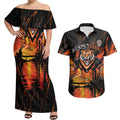 Personalised Wests Tigers City Of Rugby Couples Matching Off Shoulder Maxi Dress and Hawaiian Shirt Sydney City Skyline Illustration Sport Fan