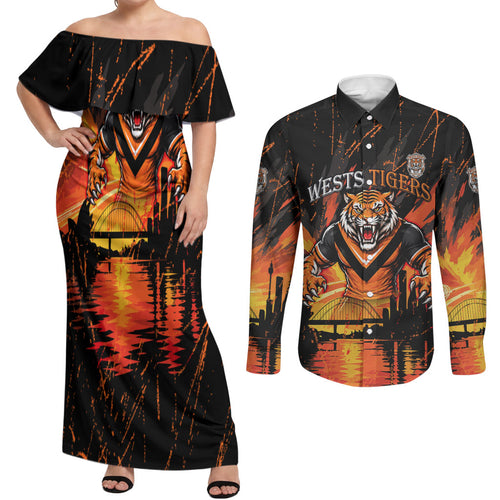 Personalised Wests Tigers City Of Rugby Couples Matching Off Shoulder Maxi Dress and Long Sleeve Button Shirt Sydney City Skyline Illustration Sport Fan