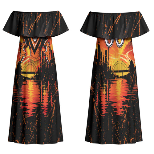Personalised Wests Tigers City Of Rugby Couples Matching Off Shoulder Maxi Dress and Long Sleeve Button Shirt Sydney City Skyline Illustration Sport Fan