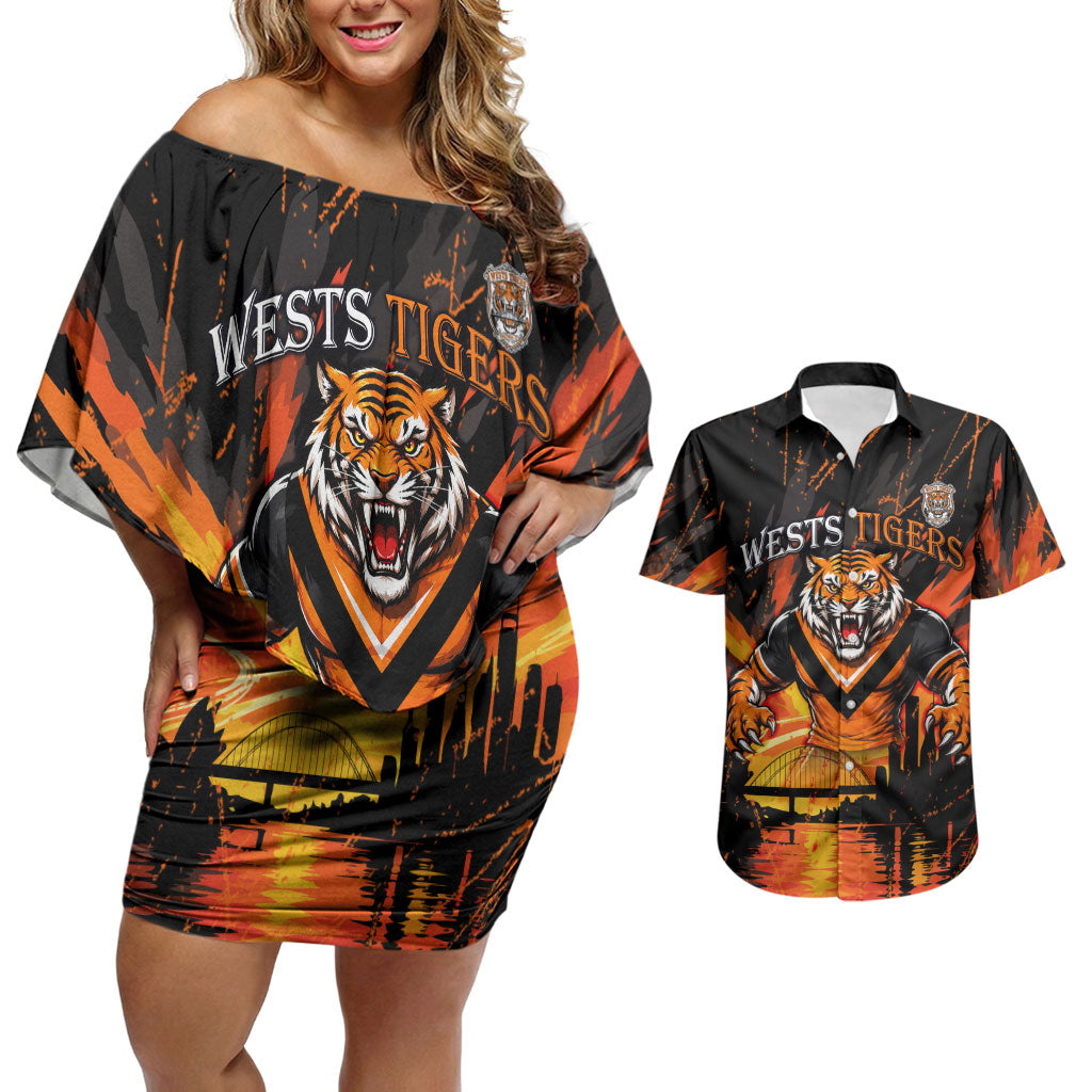 Personalised Wests Tigers City Of Rugby Couples Matching Off Shoulder Short Dress and Hawaiian Shirt Sydney City Skyline Illustration Sport Fan