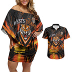 Personalised Wests Tigers City Of Rugby Couples Matching Off Shoulder Short Dress and Hawaiian Shirt Sydney City Skyline Illustration Sport Fan