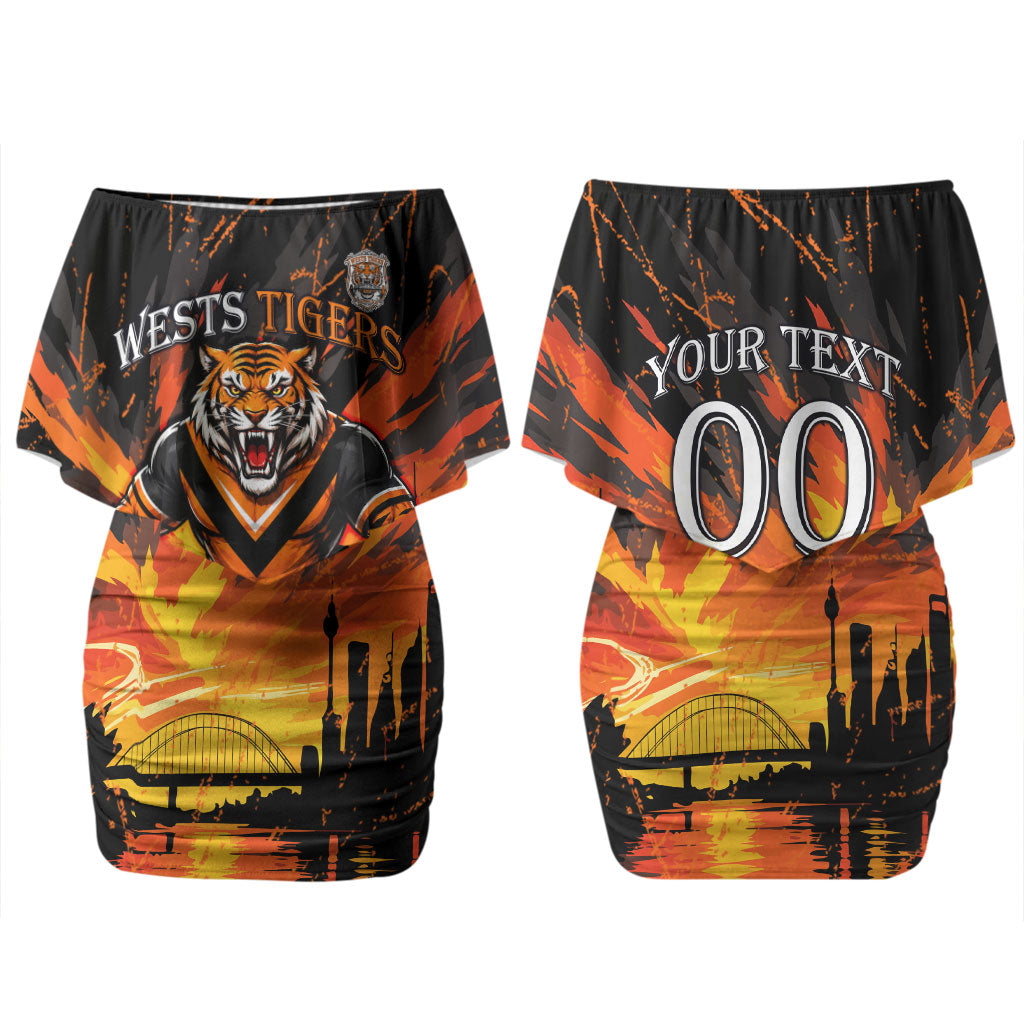 Personalised Wests Tigers City Of Rugby Couples Matching Off Shoulder Short Dress and Hawaiian Shirt Sydney City Skyline Illustration Sport Fan