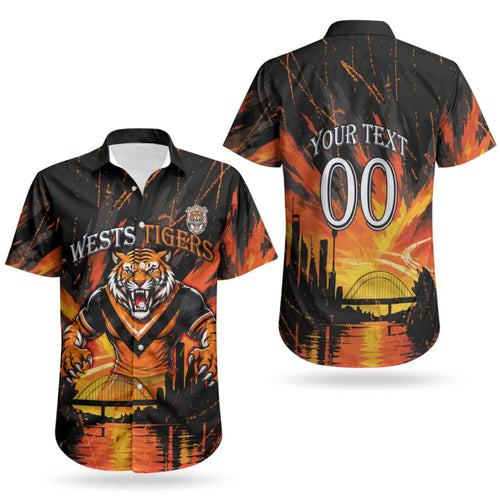 Personalised Wests Tigers City Of Rugby Couples Matching Off Shoulder Short Dress and Hawaiian Shirt Sydney City Skyline Illustration Sport Fan