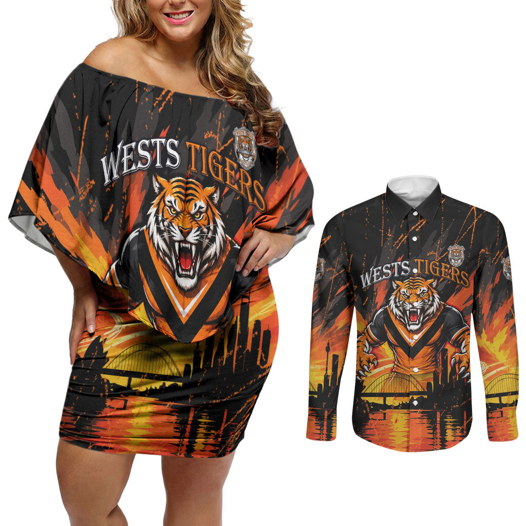 Personalised Wests Tigers City Of Rugby Couples Matching Off Shoulder Short Dress and Long Sleeve Button Shirt Sydney City Skyline Illustration Sport Fan