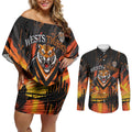Personalised Wests Tigers City Of Rugby Couples Matching Off Shoulder Short Dress and Long Sleeve Button Shirt Sydney City Skyline Illustration Sport Fan