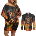 Personalised Wests Tigers City Of Rugby Couples Matching Off Shoulder Short Dress and Long Sleeve Button Shirt Sydney City Skyline Illustration Sport Fan