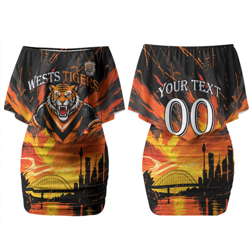 Personalised Wests Tigers City Of Rugby Couples Matching Off Shoulder Short Dress and Long Sleeve Button Shirt Sydney City Skyline Illustration Sport Fan