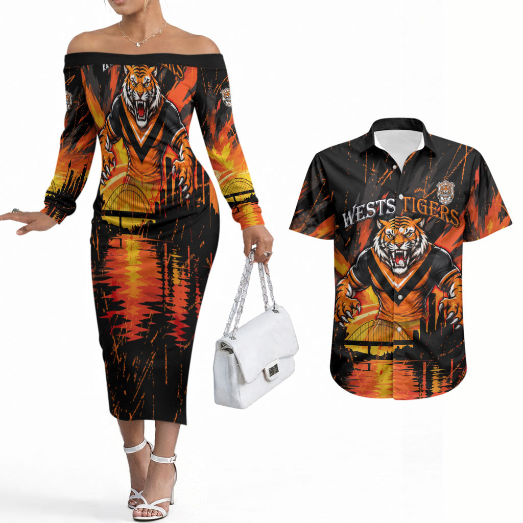 Personalised Wests Tigers City Of Rugby Couples Matching Off The Shoulder Long Sleeve Dress and Hawaiian Shirt Sydney City Skyline Illustration Sport Fan