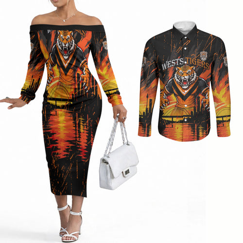 Personalised Wests Tigers City Of Rugby Couples Matching Off The Shoulder Long Sleeve Dress and Long Sleeve Button Shirt Sydney City Skyline Illustration Sport Fan