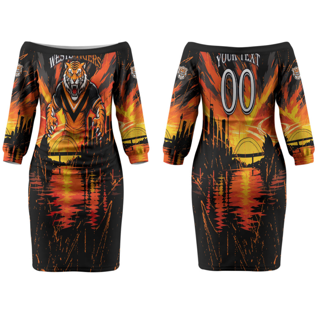 Personalised Wests Tigers City Of Rugby Couples Matching Off The Shoulder Long Sleeve Dress and Long Sleeve Button Shirt Sydney City Skyline Illustration Sport Fan