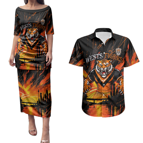 Personalised Wests Tigers City Of Rugby Couples Matching Puletasi and Hawaiian Shirt Sydney City Skyline Illustration Sport Fan