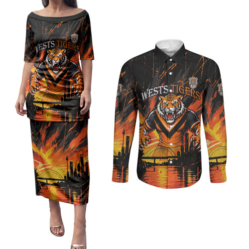 Personalised Wests Tigers City Of Rugby Couples Matching Puletasi and Long Sleeve Button Shirt Sydney City Skyline Illustration Sport Fan