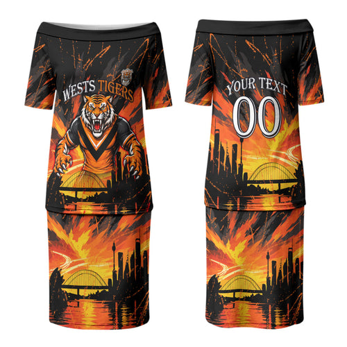 Personalised Wests Tigers City Of Rugby Couples Matching Puletasi and Long Sleeve Button Shirt Sydney City Skyline Illustration Sport Fan