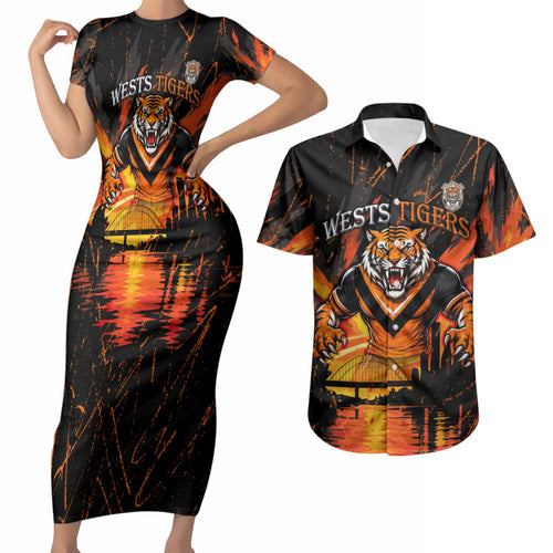 Personalised Wests Tigers City Of Rugby Couples Matching Short Sleeve Bodycon Dress and Hawaiian Shirt Sydney City Skyline Illustration Sport Fan